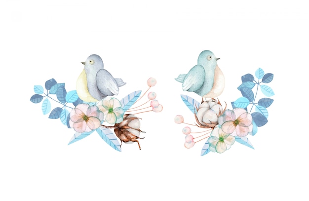 Illustration with watercolor cute bird and blue plants