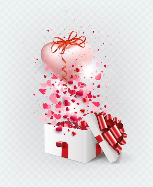 Illustrazione con una scatola bianca e un cuore rosa brillante con un elemento di design a fiocco