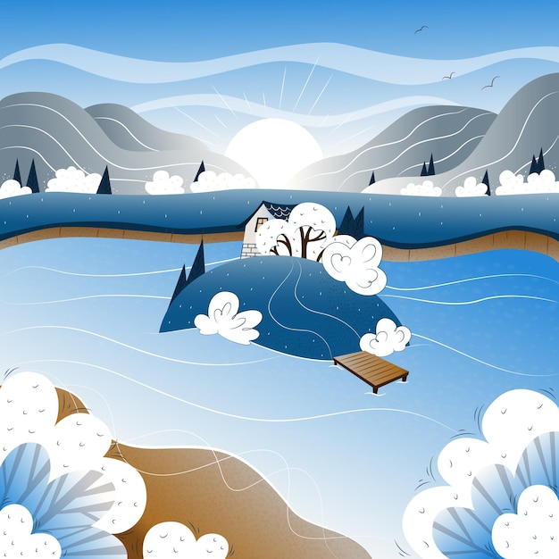 Illustration with a winter landscape, a winter landscape with a lake, a mountain winter landscape