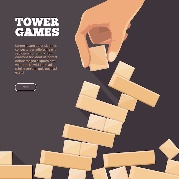 Illustration with wood brick in hand. tower games concept