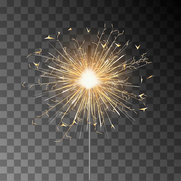 Illustration with yellow realistic sparkler on transparent background for celebration design Happy new year background Dark background Light effect golden light White background