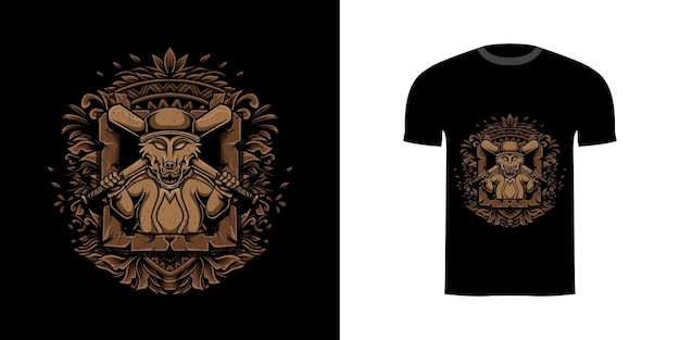 티셔츠 디자인을 위한 조각 장식이 있는 그림 늑대 야구