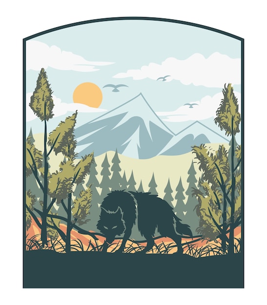 Vector illustration of a wolf in the forest