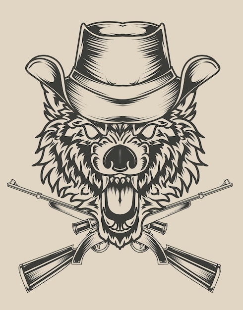 Vector illustration wolf head with hat and two guns