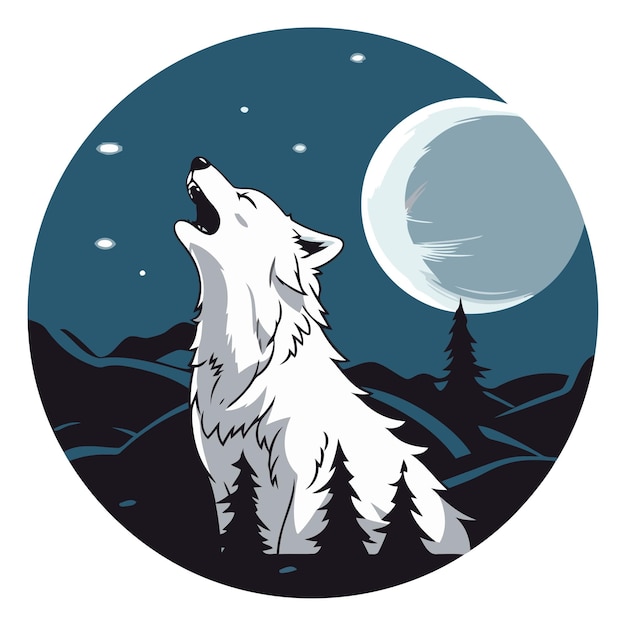 Иллюстрация волка, выющего на луну, установленную внутри круга на изолированном фоне, сделанная в стиле мультфильма