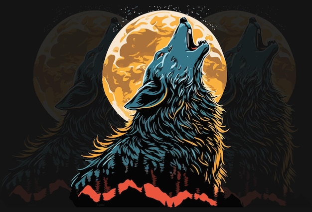 Illustration of a wolf howling at the moon