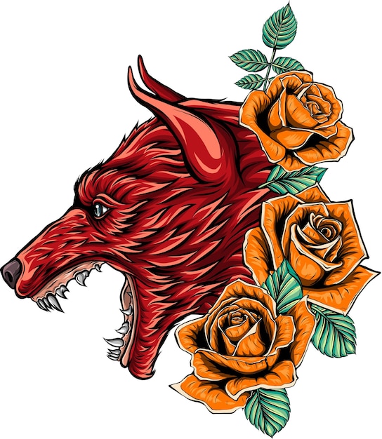 illustration of wolf and roses on whiet background