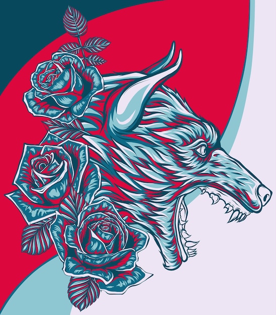 Vector illustration of wolf and roses on whiet background