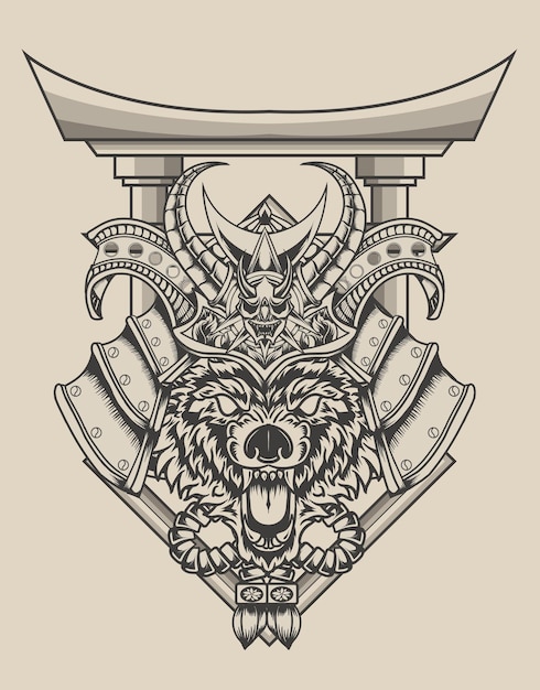 Vector illustration wolf samurai head with monochrome style