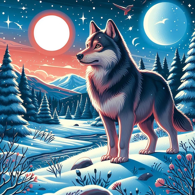 Illustration of a wolf in a winter setting with snow