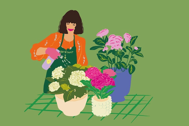 花屋または花を持つ庭師としての女性のイラスト