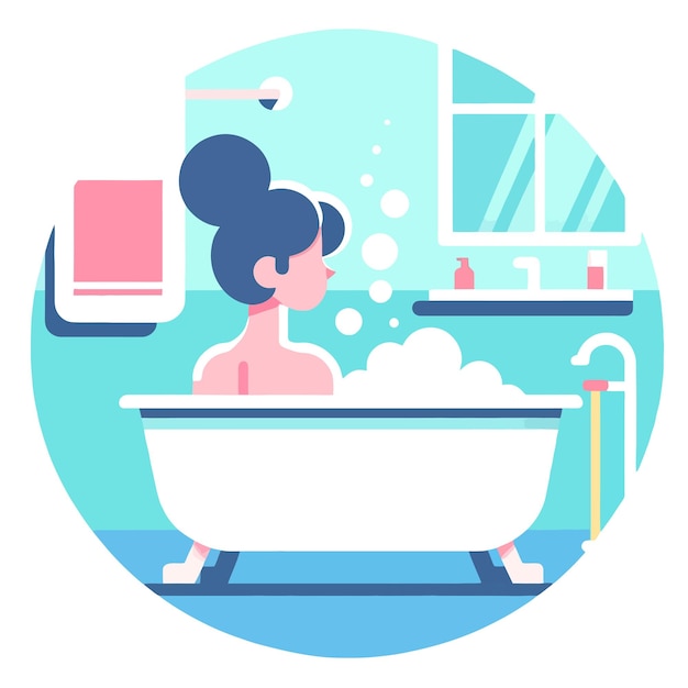 illustration of a woman bathing in a bathtub with soap bubbles