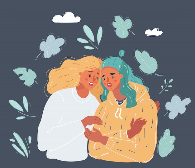  illustration of woman comforting crying friend with warm hug on dark background.