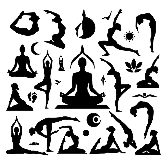 Vector illustration of a woman in different yoga poses world yoga day