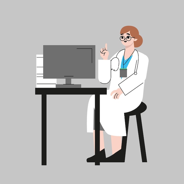 Illustration of a woman doctor with a medical record. flat vector illustration isolated on grey back