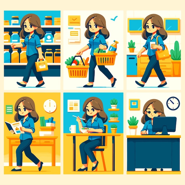 illustration of a woman doing various daily activities eating working shopping studying