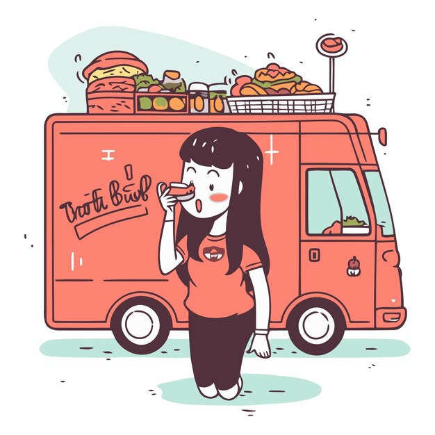 Vector illustration of a woman eating a hot dog while standing near a food truck