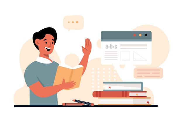 Vector illustration of woman explaining a lesson from book