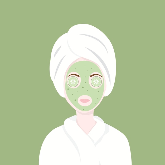 Vector illustration woman facial mask with  mask on face with a mask of cucumber and cleans