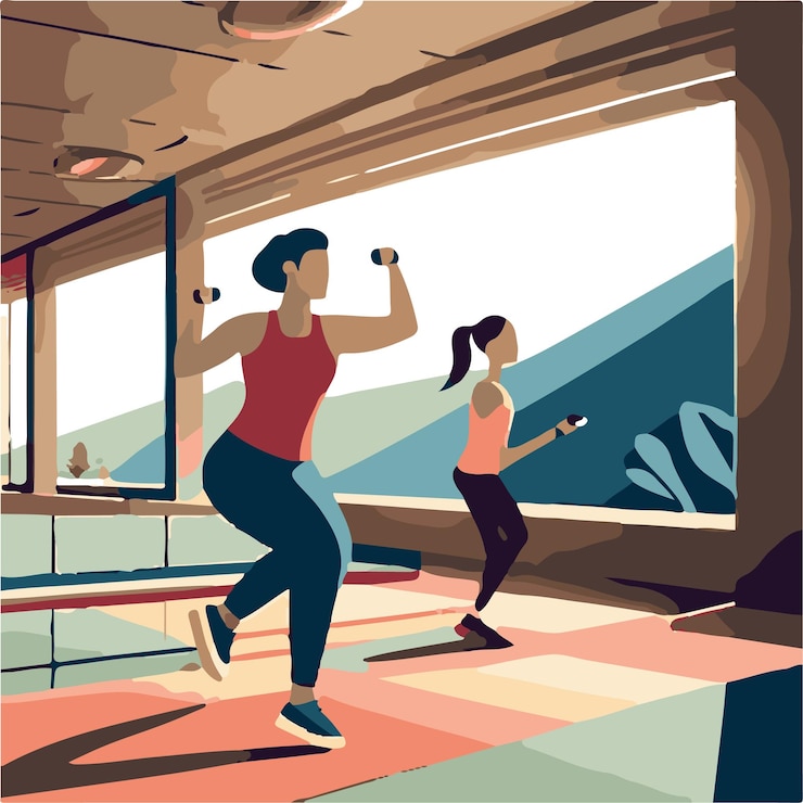 Vector illustration of a woman and a girl regular exercise routine at home staying active