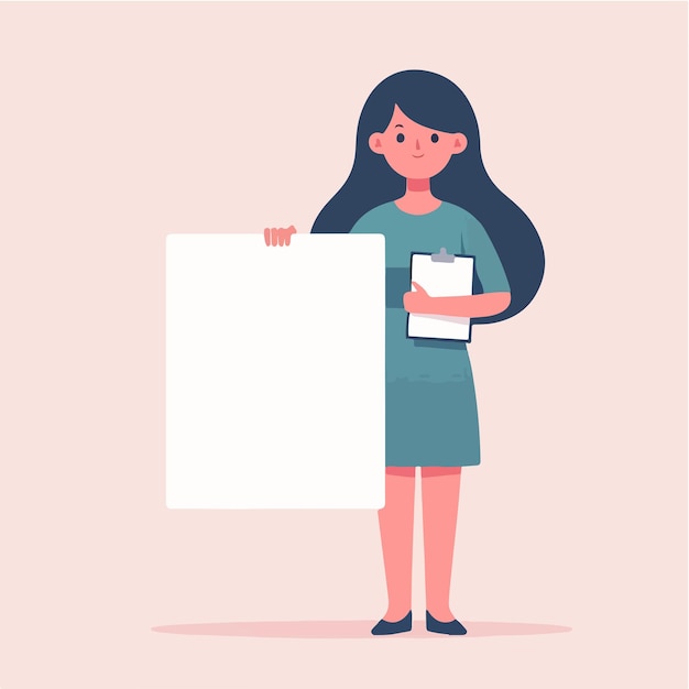 Illustration of a woman holding blank paper in a flat design style