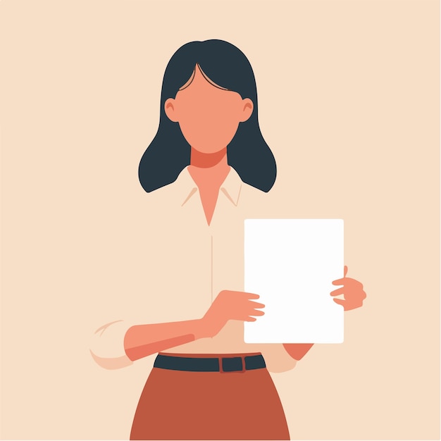 Illustration of a woman holding blank paper in a flat design style