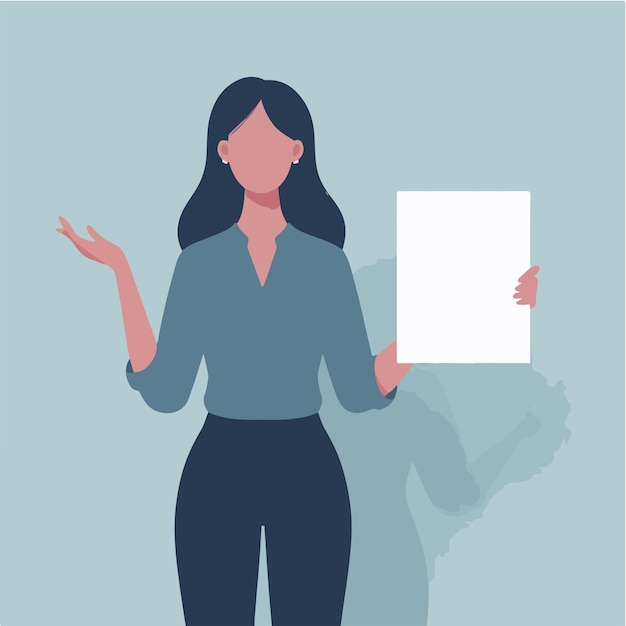 Illustration of a woman holding blank paper in a flat design style