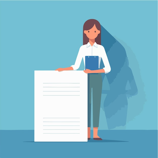 Illustration of a woman holding blank paper in a flat design style