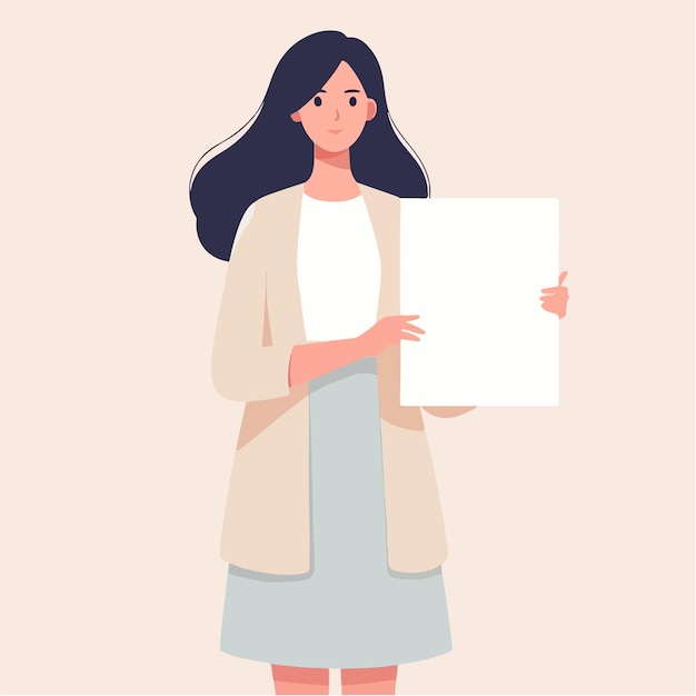 Vector illustration of a woman holding blank paper in a flat design style