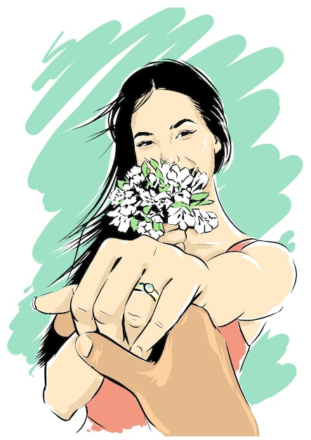 Vector illustration woman holding hand with ring