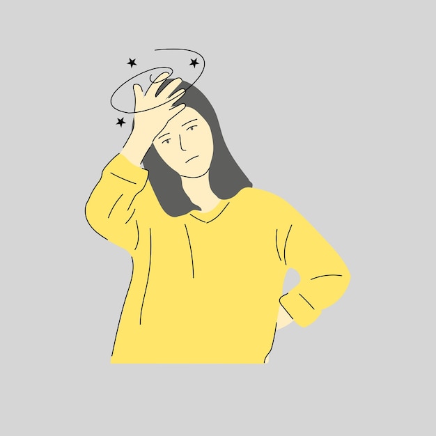 어지러워서 머리를 들고 있는 여자 의 그림