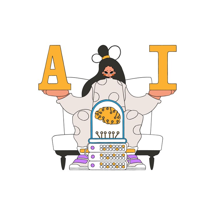 Vector illustration of a woman holding a and i, symbolic of artificial intelligence.