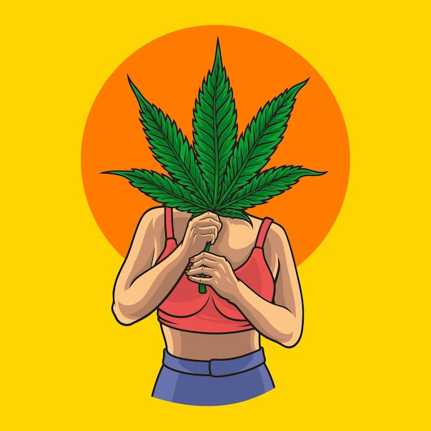 Vettore illustrazione donna che tiene in mano una foglia di marijuana vettore premium