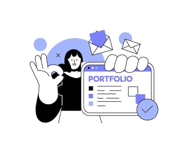 an illustration of a woman holding up a portfolio