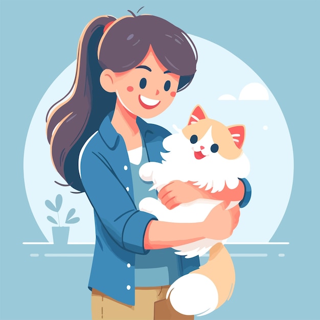 可愛いペットキャットを抱きしめる女性のイラスト