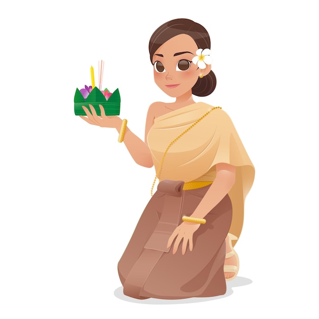 Illustration of a woman at Loy Kratong Festival in Thailand