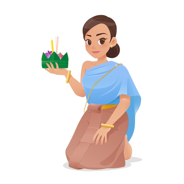 Illustration of a woman at Loy Kratong Festival in Thailand