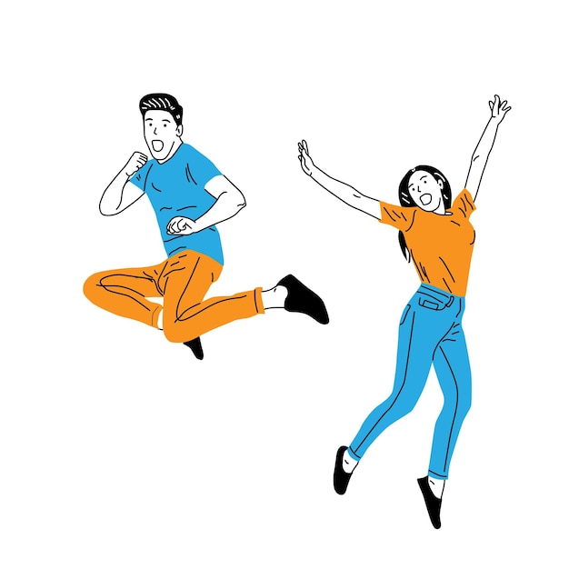 Illustration of woman and man jumping happily