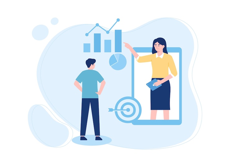 Vector illustration of a woman and a man looking at charts on the phone trending concept flat illustration