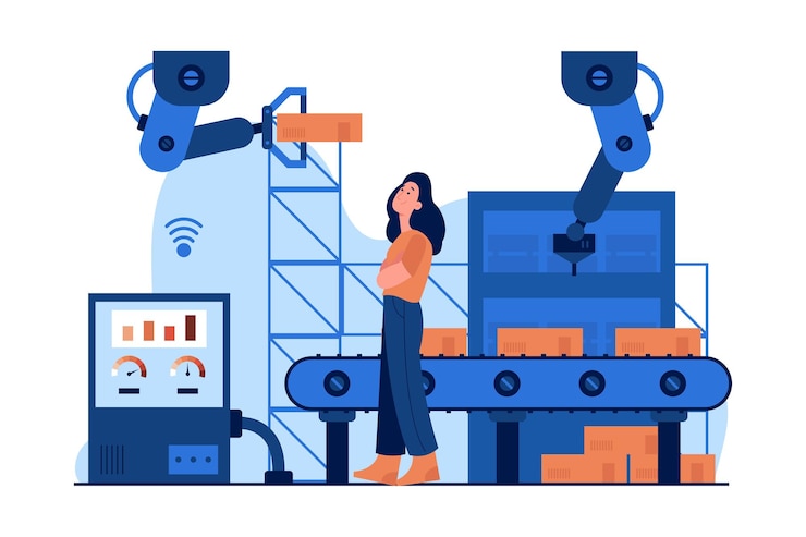 Vector illustration of a woman monitoring the work of a robot