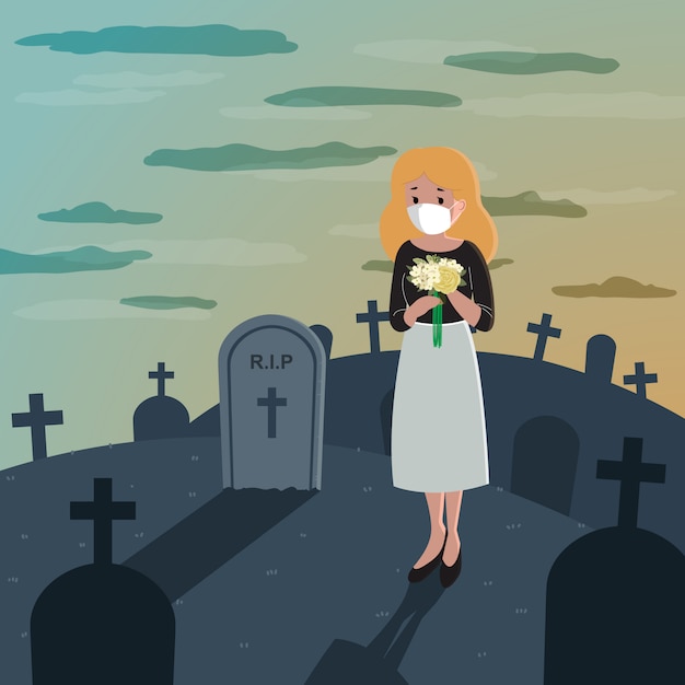 Illustration of woman mourning alone at cemetery . loss of relative.
