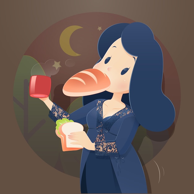 Donna dell'illustrazione in indumenti da notte che mangia alla notte. la fame di notte