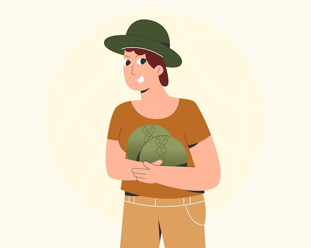 Vector illustration of woman picking vegetables in gardening