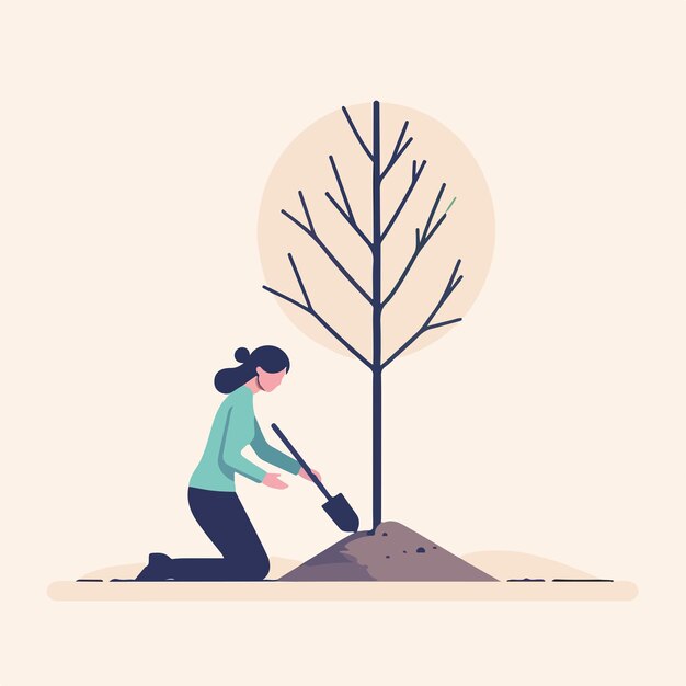 Vector illustration of a woman planting a tree in a simple flat design style