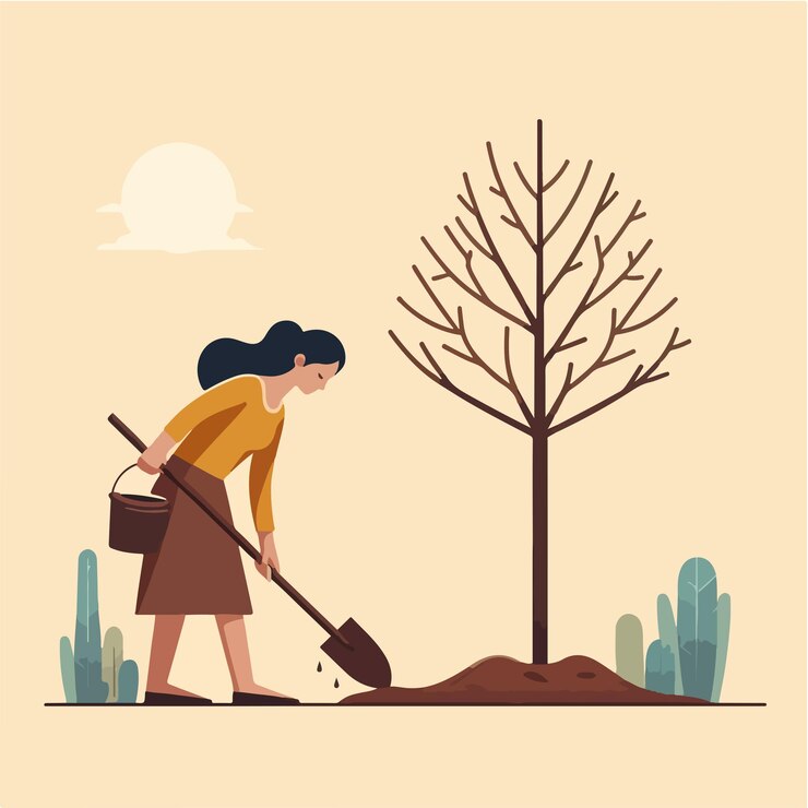 Vector illustration of a woman planting a tree in a simple flat design style
