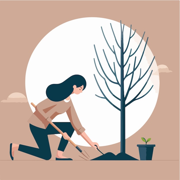 Vector illustration of a woman planting a tree in a simple flat design style