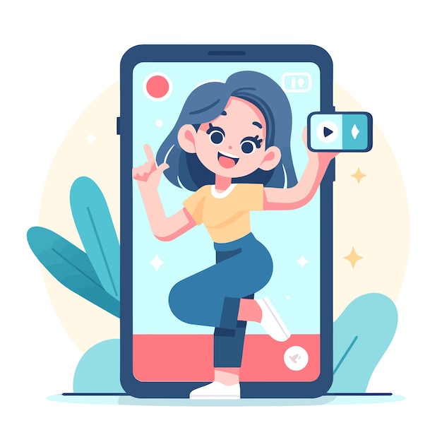 Vector illustration of a woman posing for social media content with a smartphone