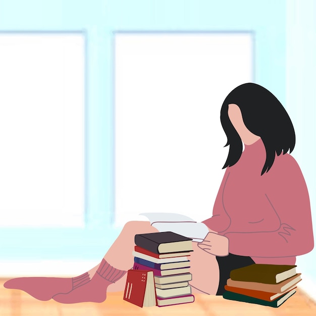 窓の近くで本を読んでいる女性のイラスト