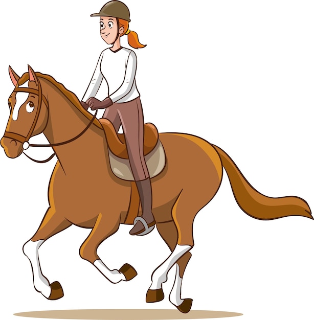 Illustrazione di una donna che monta un cavallo su uno sfondo bianco