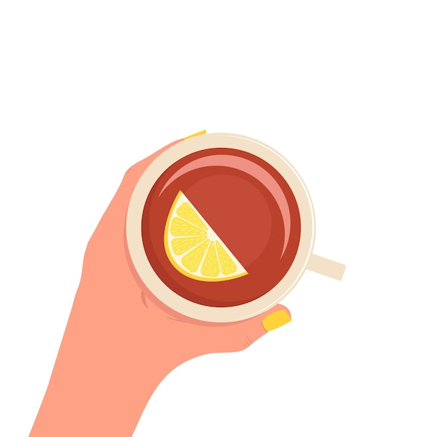 Illustration of a woman's hand with a mug of strong aromatic tea with lemon, healthy lifestyle